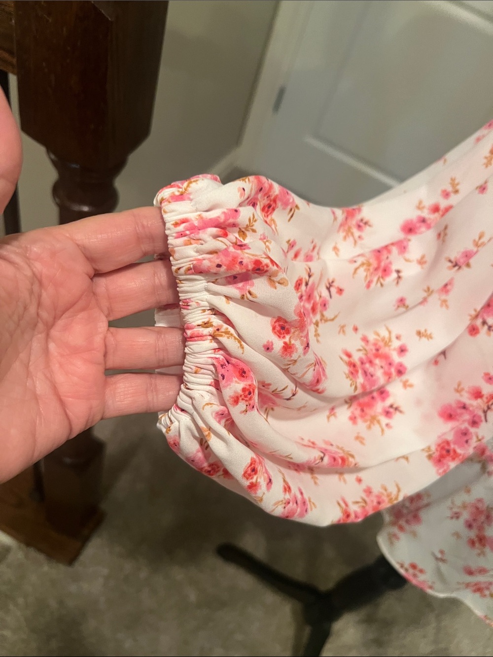 Vince Camuto White Blouse with Pink Floral Print and Smocked Waist - Picture 6 of 10